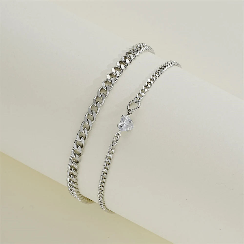 2PCS Stainless Steel Couple Bracelets – Unisex Silvery Chain with Crystal Heart Design