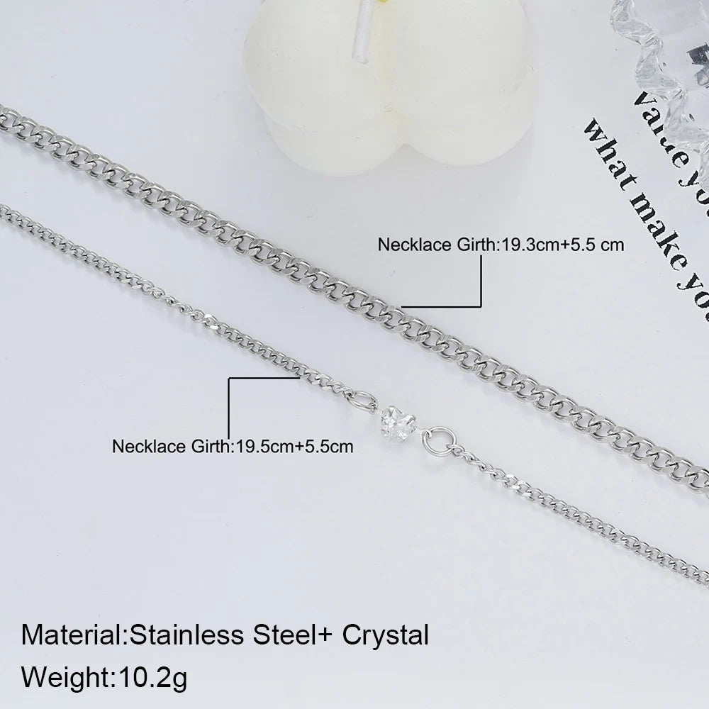 2PCS Stainless Steel Couple Bracelets – Unisex Silvery Chain with Crystal Heart Design